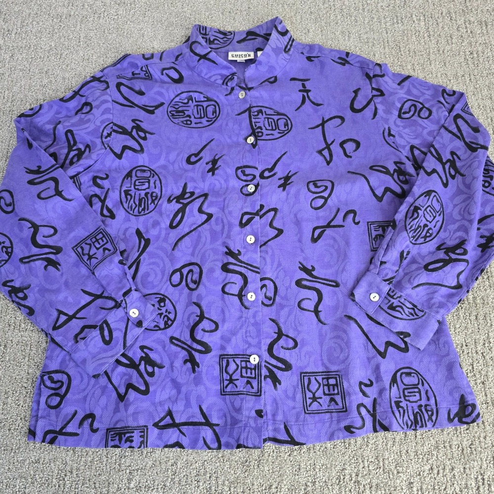 Chico's Design Purple Asian Calligraphy Shirt Size 3 XL Art to Wear Boho 90s